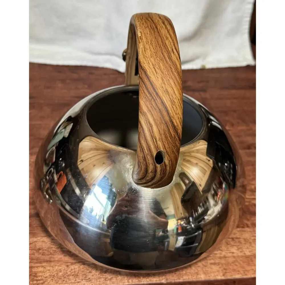 BRANDANI Tea Kettle 3 Quart Faux Wood Soft Touch Handle Stainless Steel
